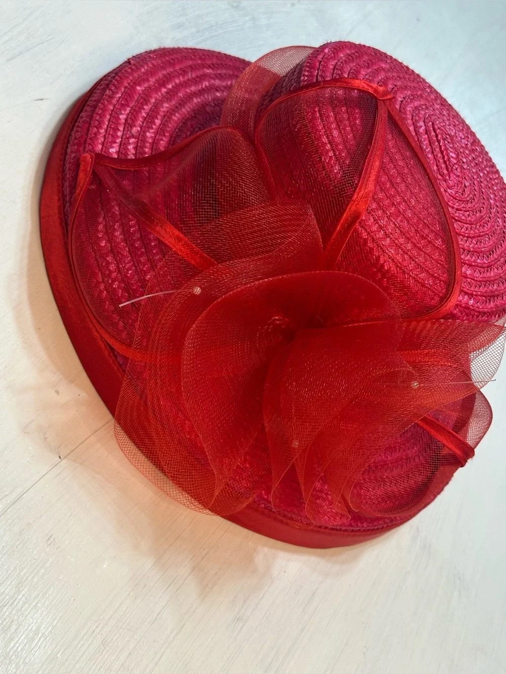 Red Straw Church Derby Hat Wide Brim Floral Mesh Fascinator Kentucky Derby Tea